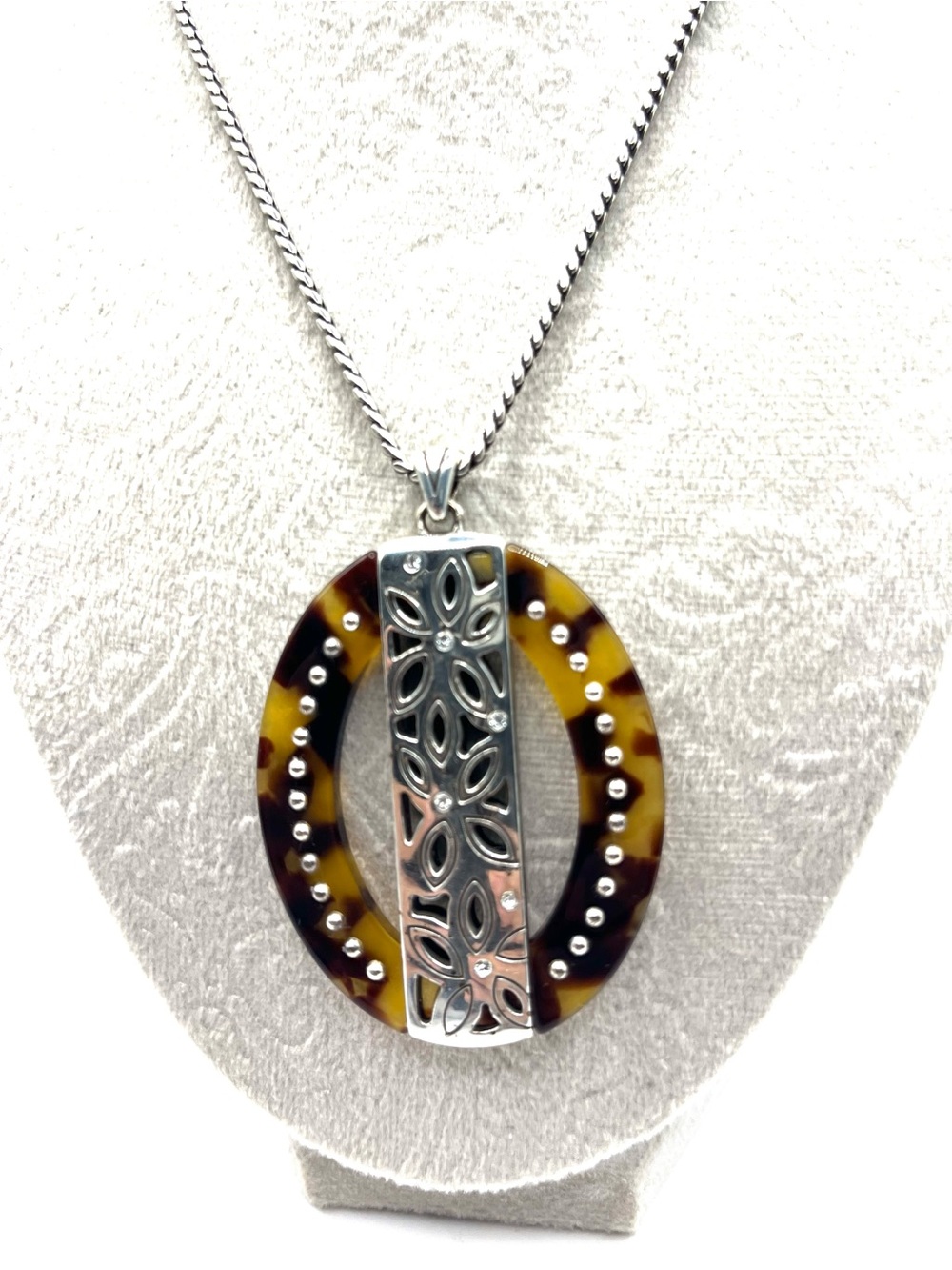 BRIGHTON BLOC PARTY Faux Tortoise Silver Pendant NECKLACE Large Retired